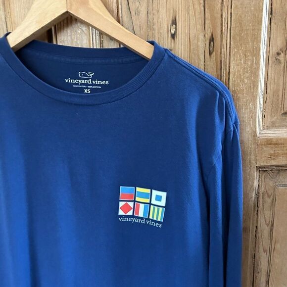 Vineyard Vines Shirt XS Navy Flags Men’s Long Sleeve Collar Prep Nautical - Flaw - Picture 3 of 13